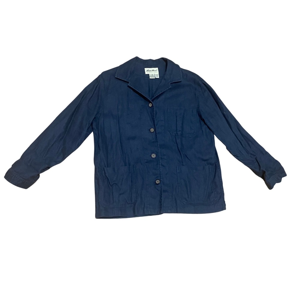 VTG Eddie Bauer Women's Medium Petite Navy Blue 100% Linen Chore Jacket Blazer